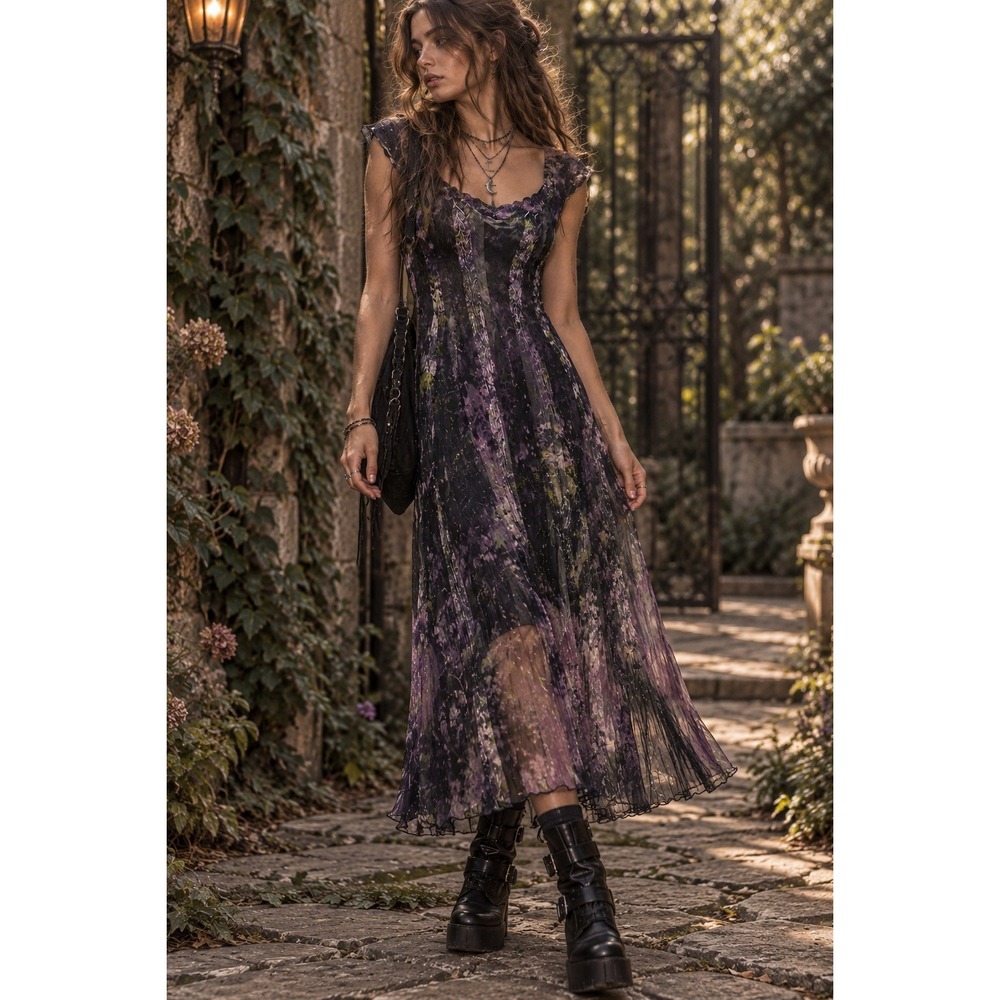 Komarov M Sheer Midi Dress Fairy Grunge Whimsigoth Y2K Layering Boho Art Print